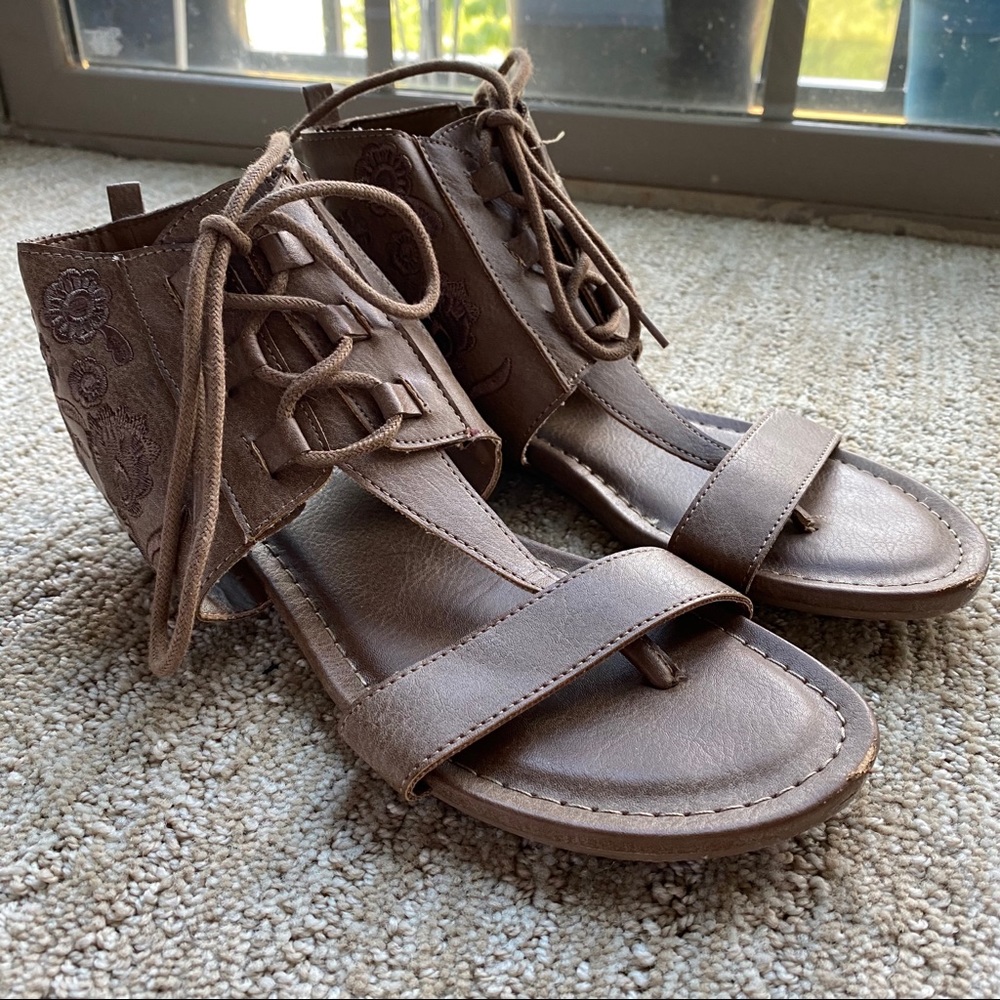 Floral embroidered faux leather lace up sandals